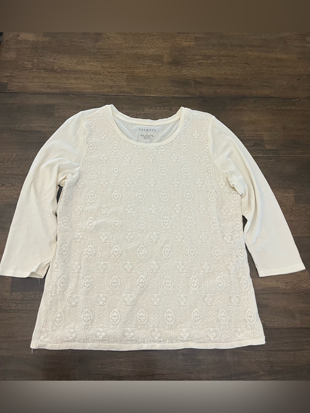 Talbots Cream Crochet Lace Front 3/4 Long Sleeve Tee Cotton Round Neck Sz MED